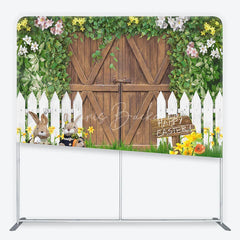 Lofaris Rustic Wooden Barn Door and Picket Fence Square Double-Sided Backdrop Happy Easter Bunnies Colorful Eggs