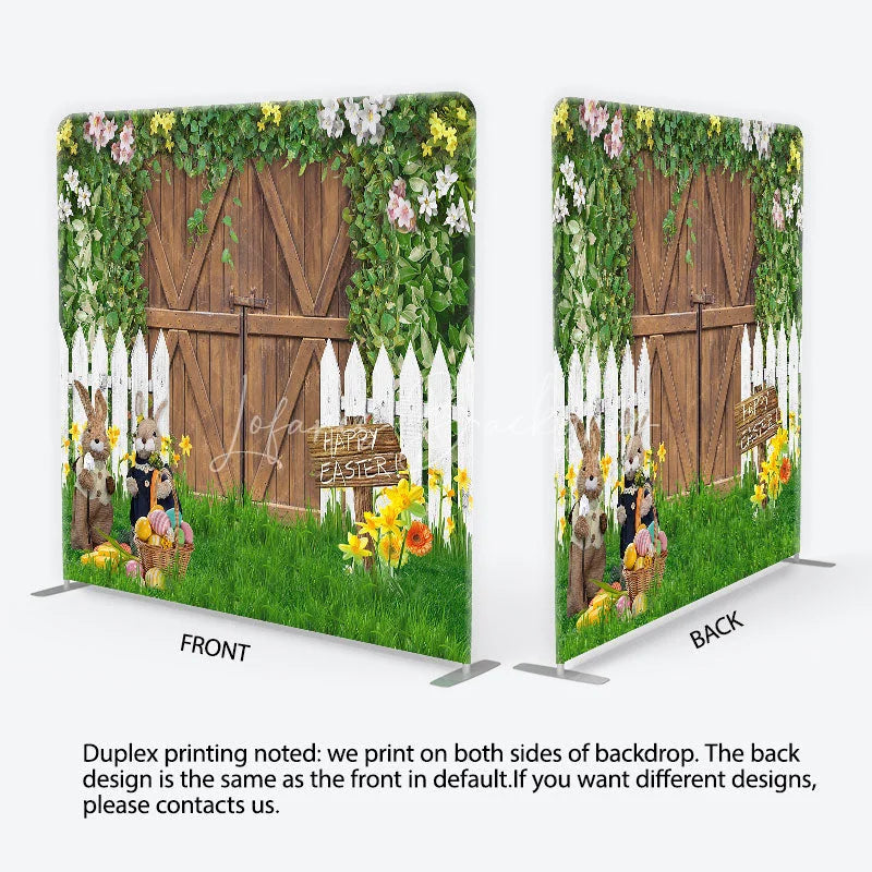 Lofaris Rustic Wooden Barn Door and Picket Fence Square Double-Sided Backdrop Happy Easter Bunnies Colorful Eggs