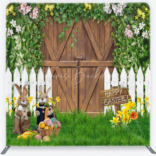 Lofaris Rustic Wooden Barn Door and Picket Fence Square Double-Sided Backdrop Happy Easter Bunnies Colorful Eggs