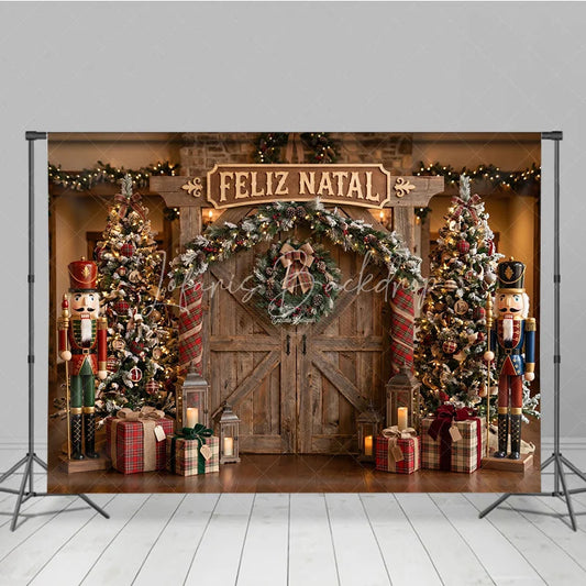 Lofaris Rustic Wooden Barn Door Holiday Backdrop with Christmas Trees Nutcrackers and Feliz Natal Sign for Festive Parties