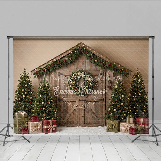 Lofaris Rustic Wooden Barn Door Holiday Backdrop with Christmas Trees Wreath Garland and Gifts Winter Festive Decor