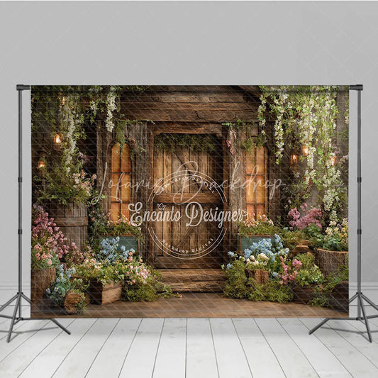 Lofaris Rustic Wooden Barn Door Photography Backdrop Lush Floral Enchanted Garden Vines Perfect for Fairy Tale Photo Shoots