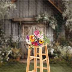 Lofaris Rustic Wooden Barn Door Photography Backdrop with Lush Greenery and White Flowers Enchanting Garden Scene