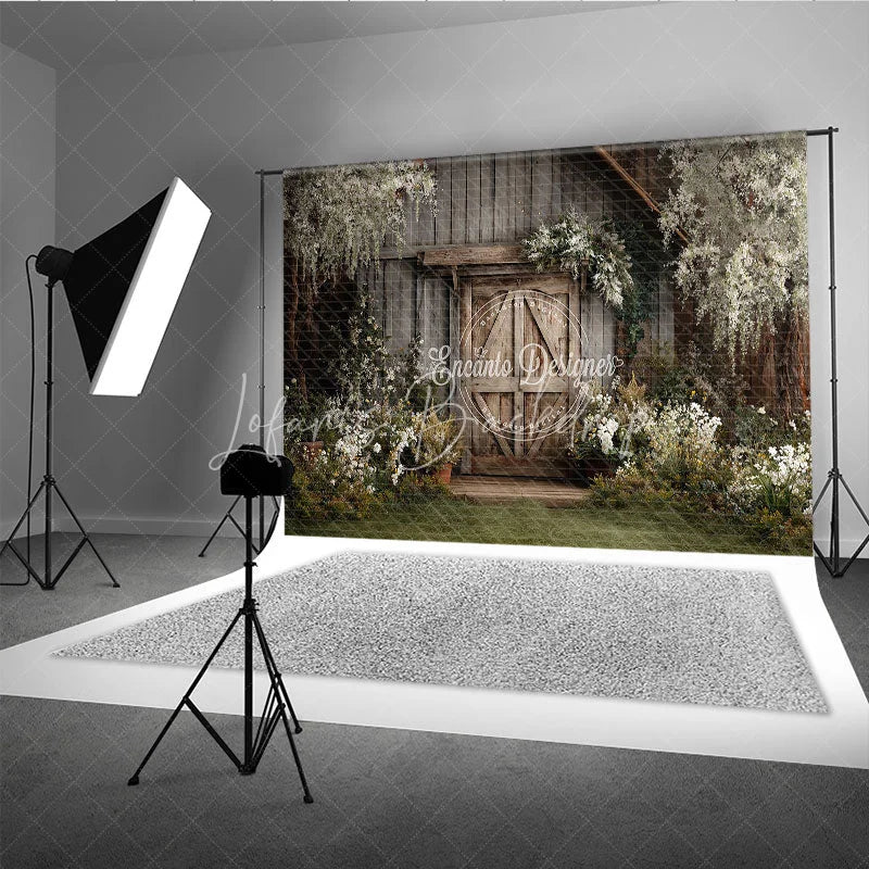 Lofaris Rustic Wooden Barn Door Photography Backdrop with Lush Greenery and White Flowers Enchanting Garden Scene