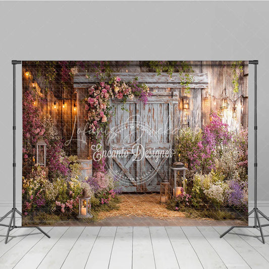 Lofaris Rustic Wooden Barn Door Photography Backdrop with Pink and Purple Floral Arrangements Enchanted Garden String Lights
