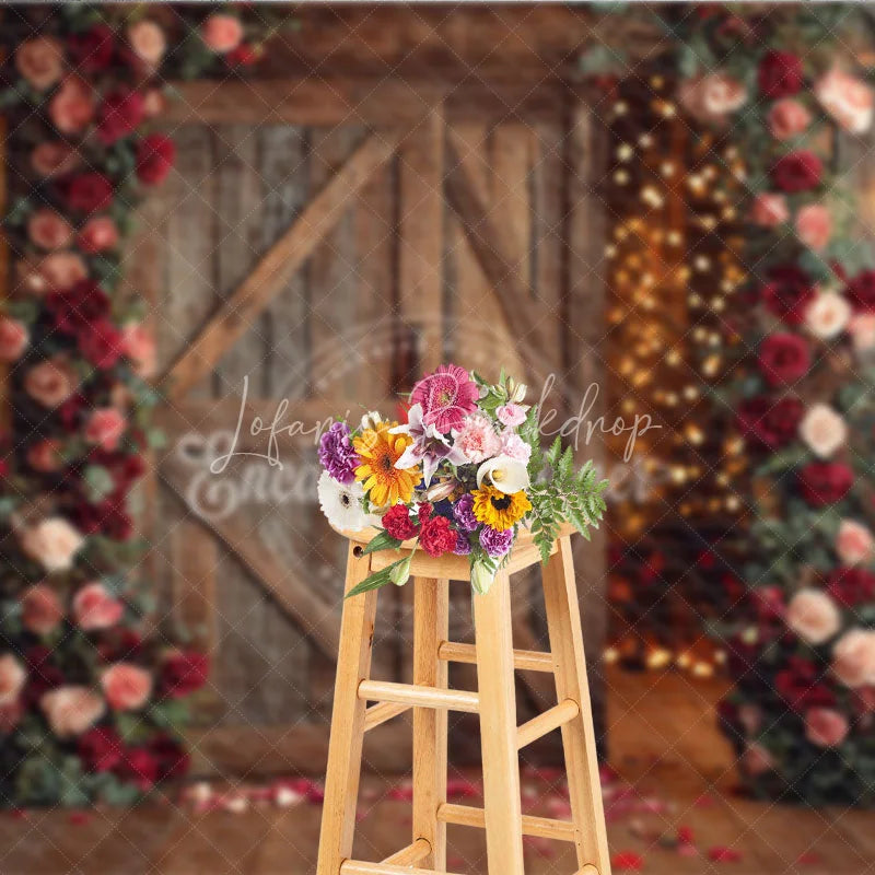 Lofaris Rustic Wooden Barn Door Photography Backdrop with Red and Pink Roses Warm String Lights for Romantic Valentine’s Day