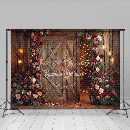 Lofaris Rustic Wooden Barn Door Photography Backdrop with Red and Pink Roses Warm String Lights for Romantic Valentine’s Day