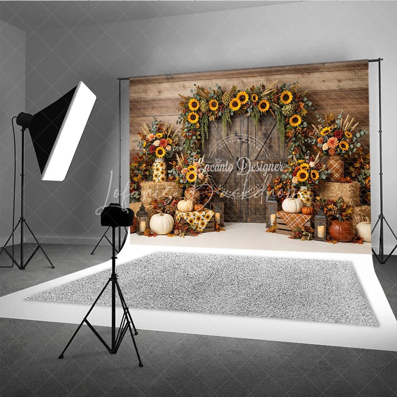 Lofaris Rustic Wooden Barn Door Photography Backdrop with Sunflower Garland Autumn Fall Harvest Decor Pumpkins and Hay Bales