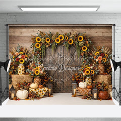 Lofaris Rustic Wooden Barn Door Photography Backdrop with Sunflower Garland Autumn Fall Harvest Decor Pumpkins and Hay Bales