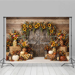 Lofaris Rustic Wooden Barn Door Photography Backdrop with Sunflower Garland Autumn Fall Harvest Decor Pumpkins and Hay Bales