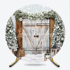 Lofaris Rustic Wooden Barn Door Snowy Christmas Trees and Lanterns Round Backdrop Winter Holiday Festive Photo Decor