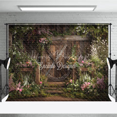 Lofaris Rustic Wooden Barn Door with Lush Floral Garden Photography Backdrop Enchanting Spring or Wedding Decor