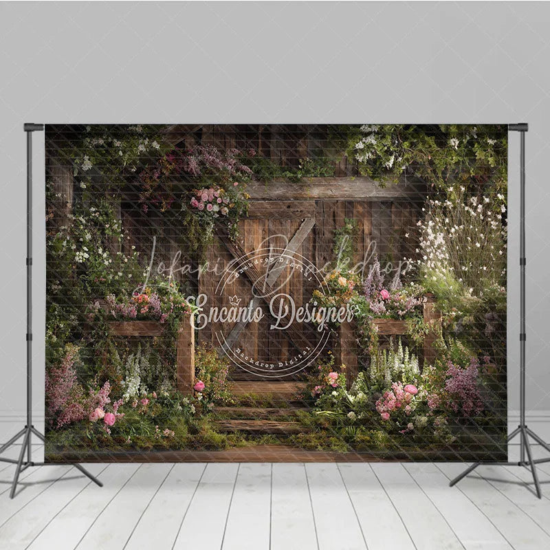 Lofaris Rustic Wooden Barn Door with Lush Floral Garden Photography Backdrop Enchanting Spring or Wedding Decor