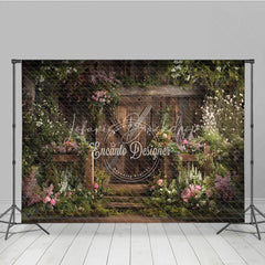 Lofaris Rustic Wooden Barn Door with Lush Floral Garden Photography Backdrop Enchanting Spring or Wedding Decor