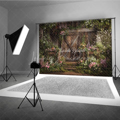 Lofaris Rustic Wooden Barn Door with Lush Floral Garden Photography Backdrop Enchanting Spring or Wedding Decor