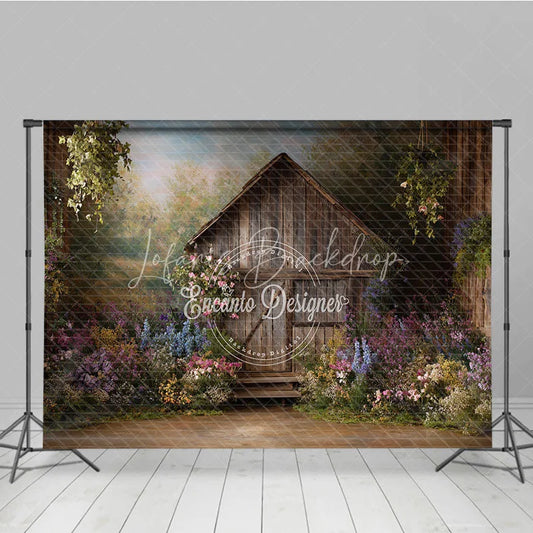Lofaris Rustic Wooden Barn Photography Backdrop with Colorful Wildflowers Enchanting Spring Garden Scene for Photoshoots