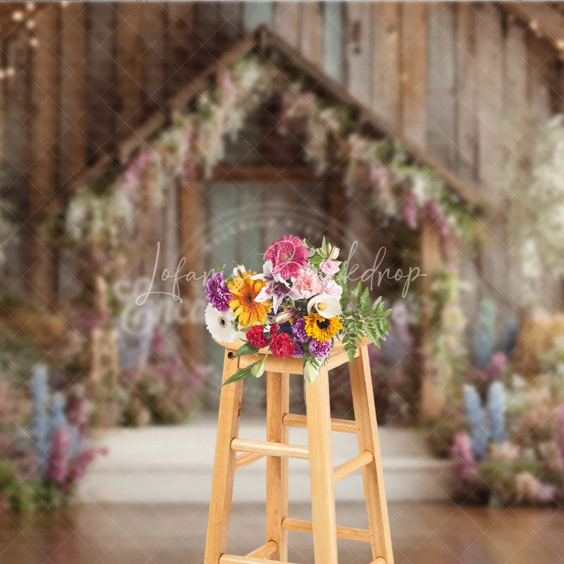 Lofaris Rustic Wooden Barn Photography Backdrop with Enchanted Floral Arch and String Lights Spring Garden Party Decor
