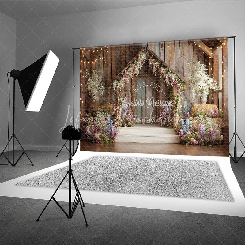 Lofaris Rustic Wooden Barn Photography Backdrop with Enchanted Floral Arch and String Lights Spring Garden Party Decor
