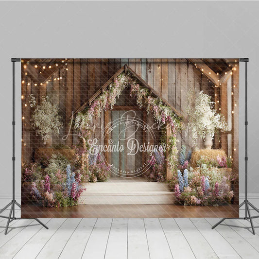 Lofaris Rustic Wooden Barn Photography Backdrop with Enchanted Floral Arch and String Lights Spring Garden Party Decor
