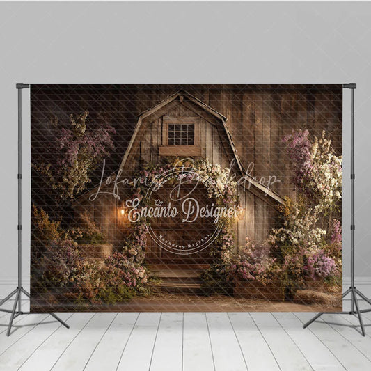 Lofaris Rustic Wooden Barn Photography Backdrop with Floral Arch and Warm Lanterns Enchanting Spring Celebration Decor