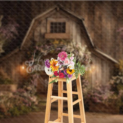 Lofaris Rustic Wooden Barn Photography Backdrop with Floral Arch and Warm Lanterns Enchanting Spring Celebration Decor