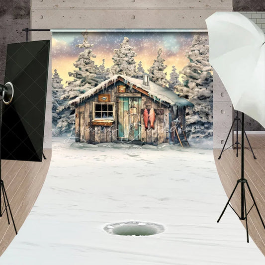 Lofaris Rustic Wooden Cabin and Snowy Pine Trees Sweep Backdrop Winter Ice Fishing Scene Photography Prop