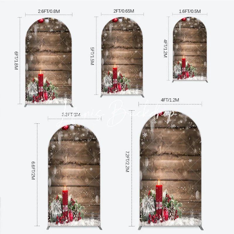 Lofaris Rustic Wooden Christmas Ornaments Red Candle Pine Snow Round Top Arch Backdrop Winter Holiday Party Decor
