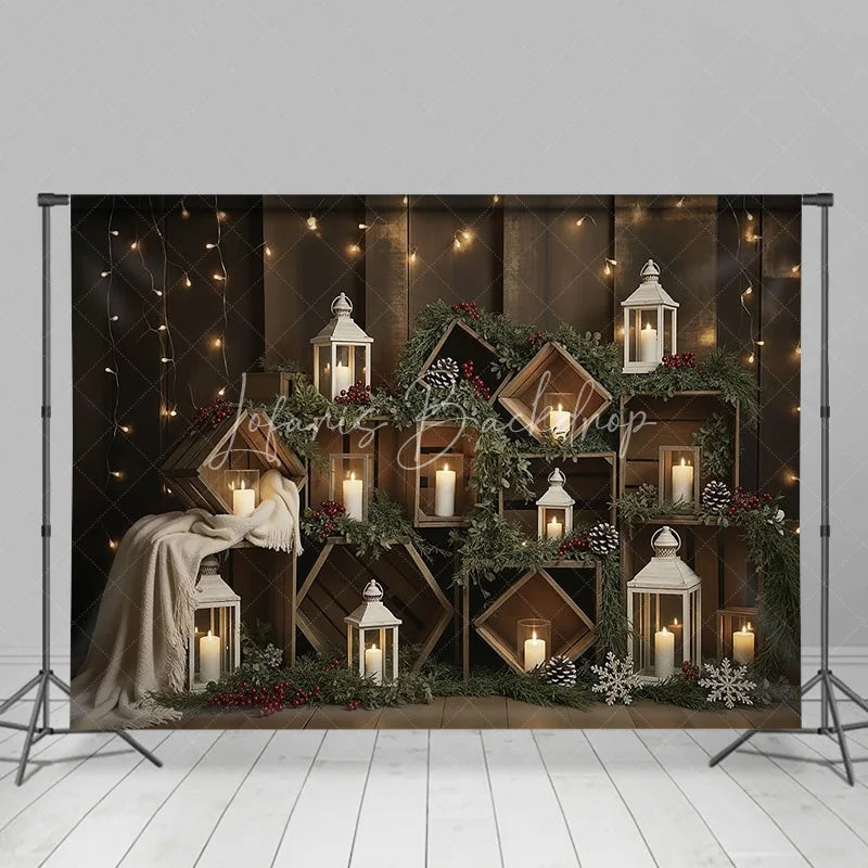 Lofaris Rustic Wooden Crate Christmas Backdrop Candle Lantern Photography Background Farmhouse Pine Winter Holiday Party Decor