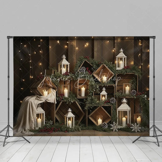 Lofaris Rustic Wooden Crate Christmas Backdrop Candle Lantern Photography Background Farmhouse Pine Winter Holiday Party Decor
