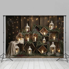 Lofaris Rustic Wooden Crate Christmas Backdrop Candle Lantern Photography Background Farmhouse Pine Winter Holiday Party Decor