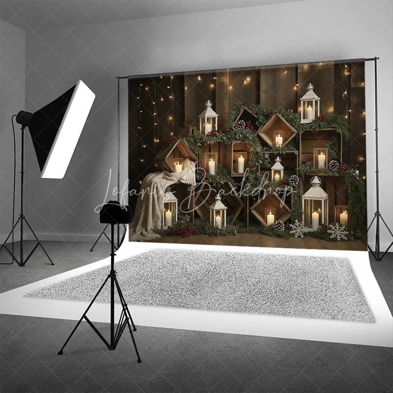 Lofaris Rustic Wooden Crate Christmas Backdrop Candle Lantern Photography Background Farmhouse Pine Winter Holiday Party Decor