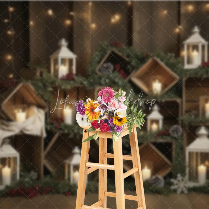 Lofaris Rustic Wooden Crate Christmas Backdrop Candle Lantern Photography Background Farmhouse Pine Winter Holiday Party Decor