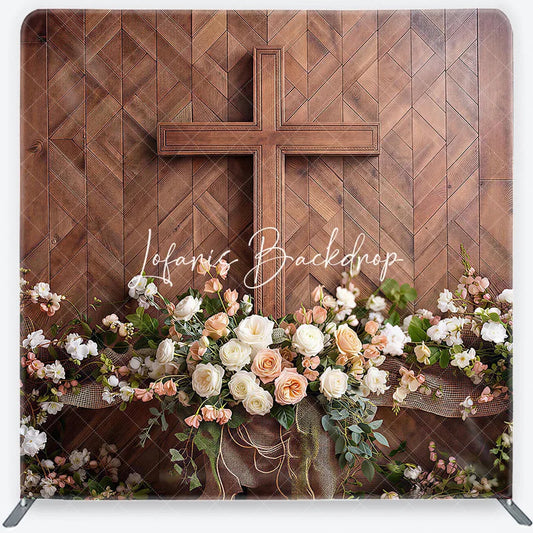 Lofaris Rustic Wooden Cross and Floral Square Double-Sided Backdrop Elegant White Peach Roses Wood Panel Background