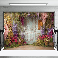 Lofaris Rustic Wooden Door and Window Photography Backdrop with Colorful Spring Flowers Enchanted Garden Scene