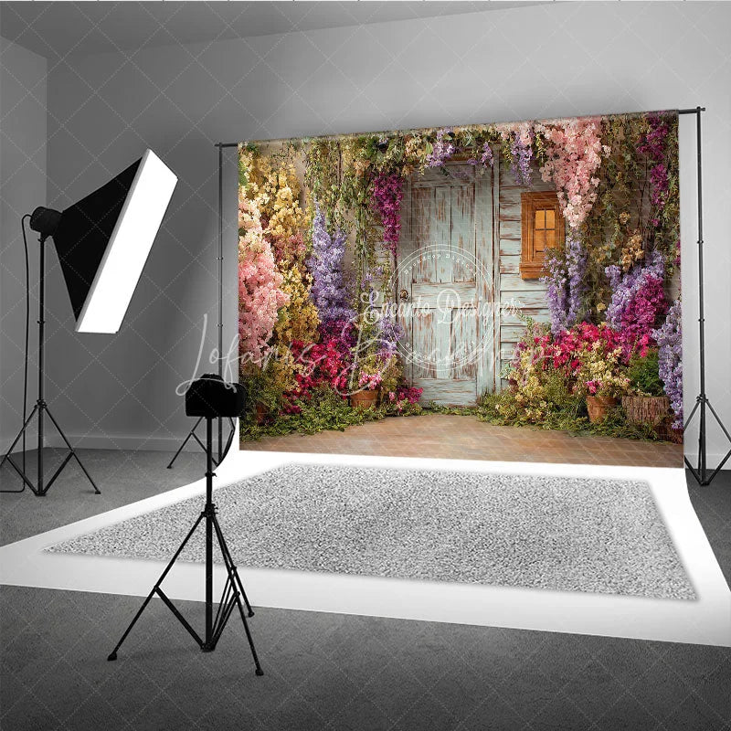 Lofaris Rustic Wooden Door and Window Photography Backdrop with Colorful Spring Flowers Enchanted Garden Scene