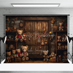 Lofaris Rustic Wooden Door Birthday Cake Smash Backdrop Vintage Teddy Bear Toy Store Background Child Photography Prop