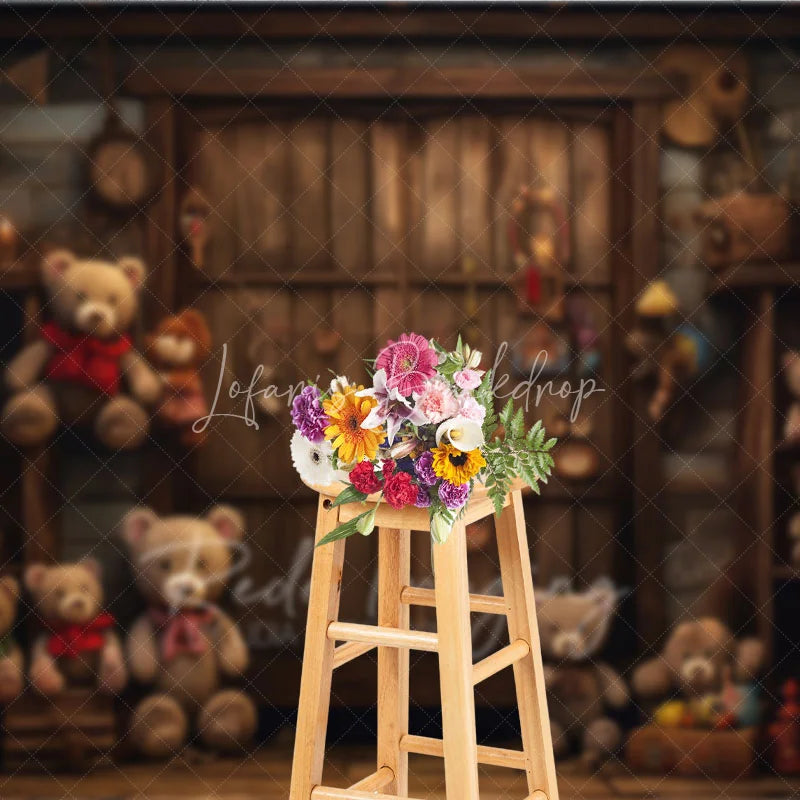 Lofaris Rustic Wooden Door Birthday Cake Smash Backdrop Vintage Teddy Bear Toy Store Background Child Photography Prop