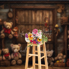 Lofaris Rustic Wooden Door Birthday Cake Smash Backdrop Vintage Teddy Bear Toy Store Background Child Photography Prop