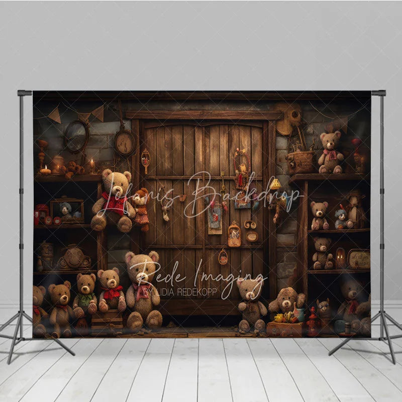 Lofaris Rustic Wooden Door Birthday Cake Smash Backdrop Vintage Teddy Bear Toy Store Background Child Photography Prop