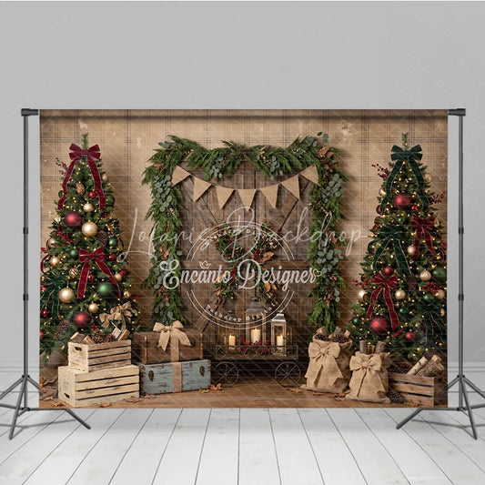 Lofaris Rustic Wooden Door Christmas Trees Holiday Backdrop Festive Red Green Decor and Burlap Presents
