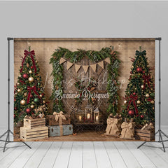 Lofaris Rustic Wooden Door Christmas Trees Holiday Backdrop Festive Red Green Decor and Burlap Presents
