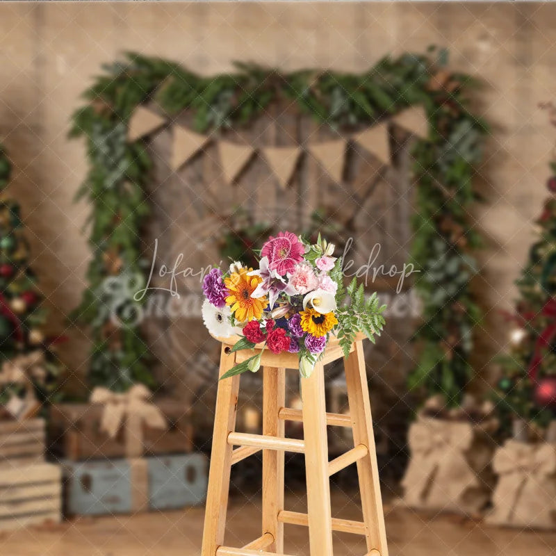 Lofaris Rustic Wooden Door Christmas Trees Holiday Backdrop Festive Red Green Decor and Burlap Presents