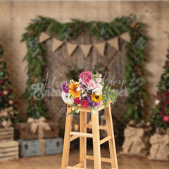 Lofaris Rustic Wooden Door Christmas Trees Holiday Backdrop Festive Red Green Decor and Burlap Presents