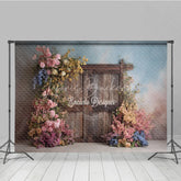 Lofaris Rustic Wooden Door Photography Backdrop Spring Flowers on Textured Wall Fine Art Painterly Photo Background
