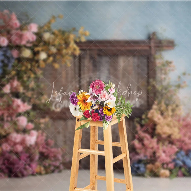 Lofaris Rustic Wooden Door Photography Backdrop Spring Flowers on Textured Wall Fine Art Painterly Photo Background