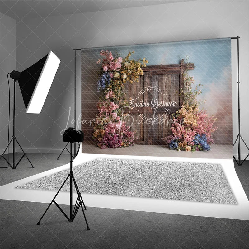 Lofaris Rustic Wooden Door Photography Backdrop Spring Flowers on Textured Wall Fine Art Painterly Photo Background