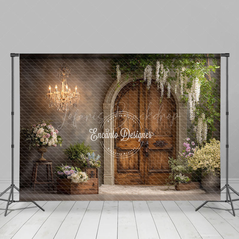 Lofaris Rustic Wooden Door Photography Backdrop with Chandelier French Country Floral Elegant Wedding Photo Background