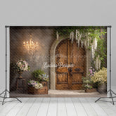 Lofaris Rustic Wooden Door Photography Backdrop with Chandelier French Country Floral Elegant Wedding Photo Background
