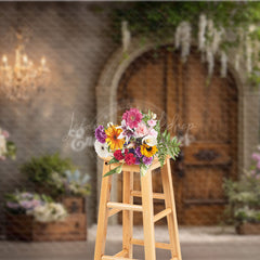Lofaris Rustic Wooden Door Photography Backdrop with Chandelier French Country Floral Elegant Wedding Photo Background