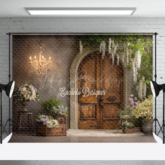 Lofaris Rustic Wooden Door Photography Backdrop with Chandelier French Country Floral Elegant Wedding Photo Background